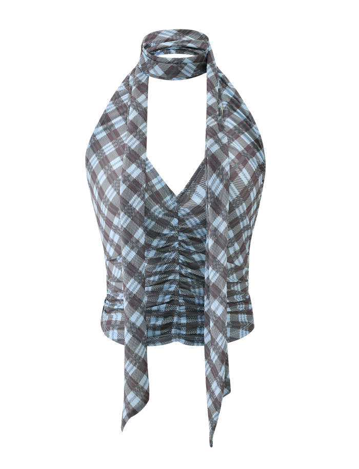 The TIGERMIST NOBLE TOP - BLUE CHECK is a sleeveless halter top with a plunge neckline, ruched front, blue check plaid pattern, and an attached matching neck scarf, displayed against a plain white background.