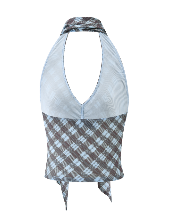 The NOBLE TOP - BLUE CHECK by TIGERMIST is a sleeveless halter top with a plunge neckline, brown and blue check pattern, back ties, sculpted silhouette, and slightly sheer fabric near the shoulders and neckline.