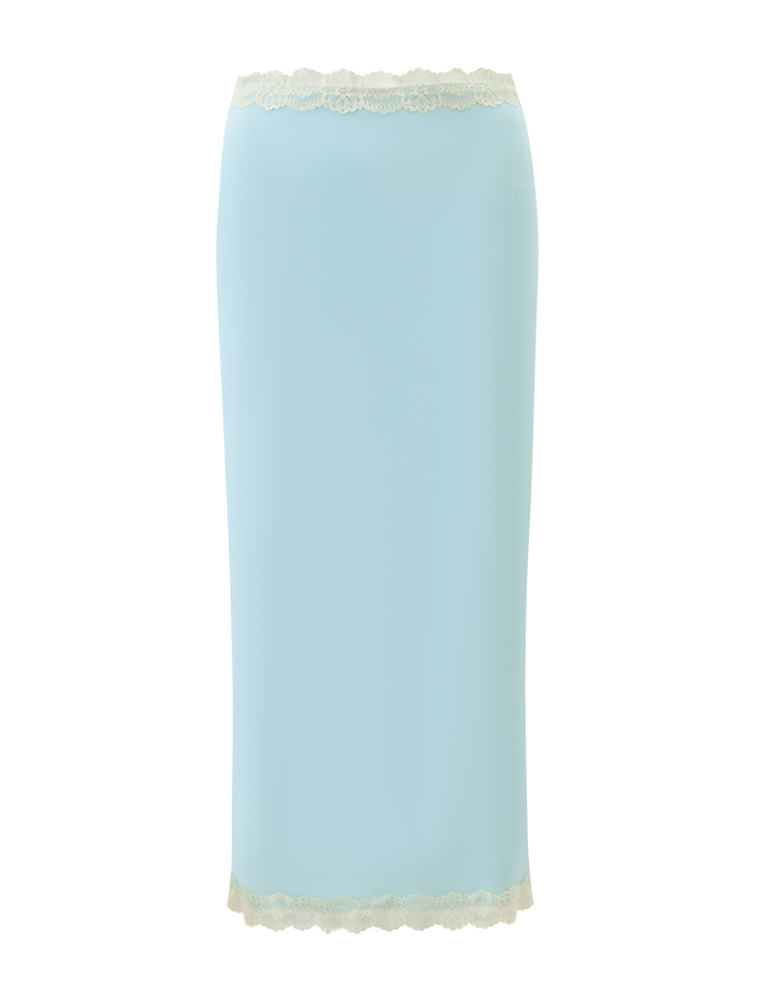 The TIGERMIST NOVA MIDI SKIRT - BLUE features a straight silhouette, floral lace waistband, and white lace trim at the hem for an elegant look.