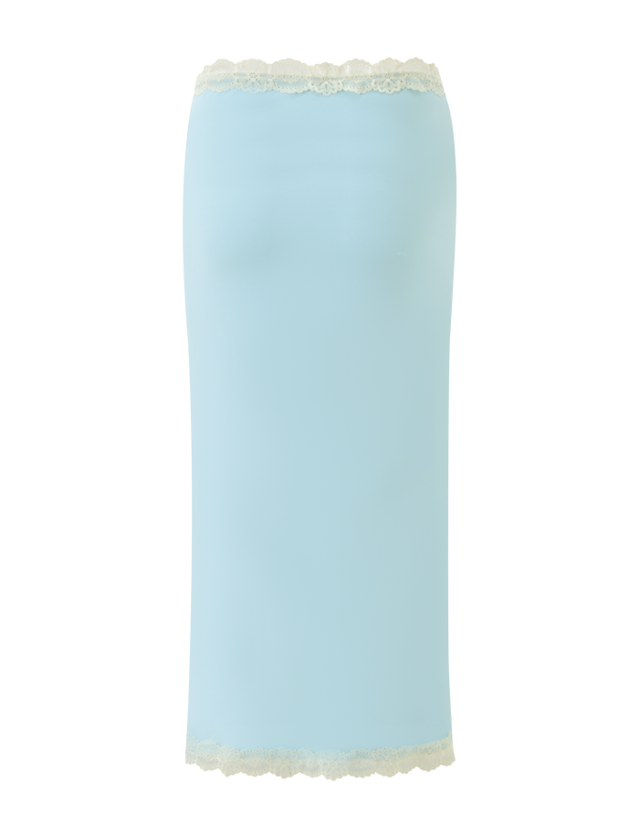 The TIGERMIST NOVA MIDI SKIRT in blue features a floral lace waistband and is shown against a white background.
