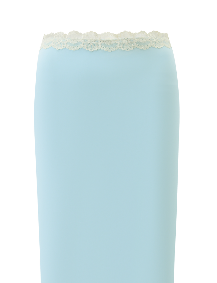 The TIGERMIST NOVA MIDI SKIRT in blue features a straight silhouette, floral lace waistband, and scalloped white trim, displayed against a plain white background.