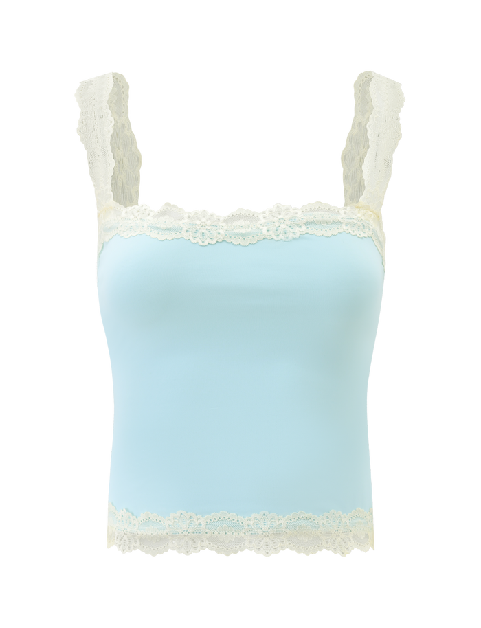 The NOVA TOP - BLUE by TIGERMIST is a light blue fitted tank with cream floral lace straps and trim at the neckline and hem, offering feminine and elegant lace details for a stylish touch.