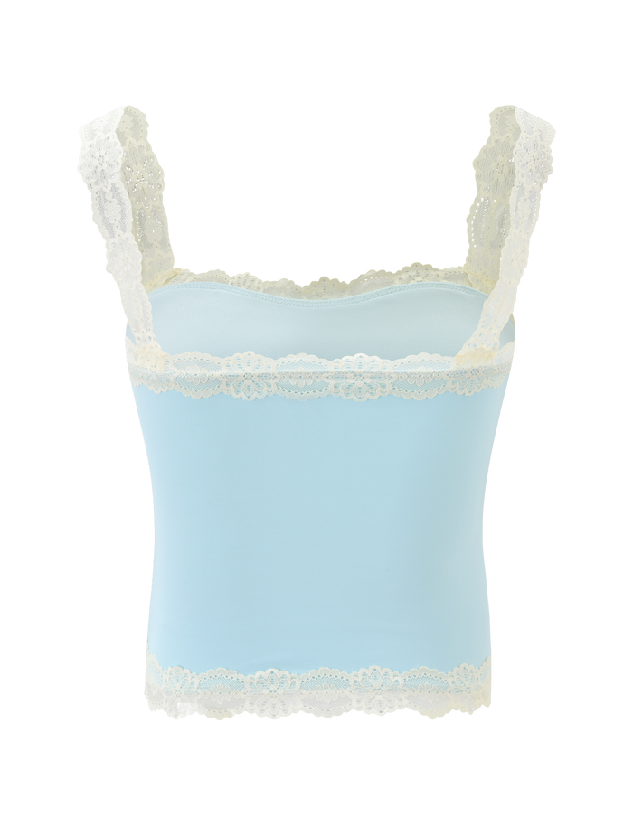 The TIGERMIST NOVA TOP - BLUE is a baby blue tank top with white floral lace straps and lace trim on the neckline and hem, shown against a white background.