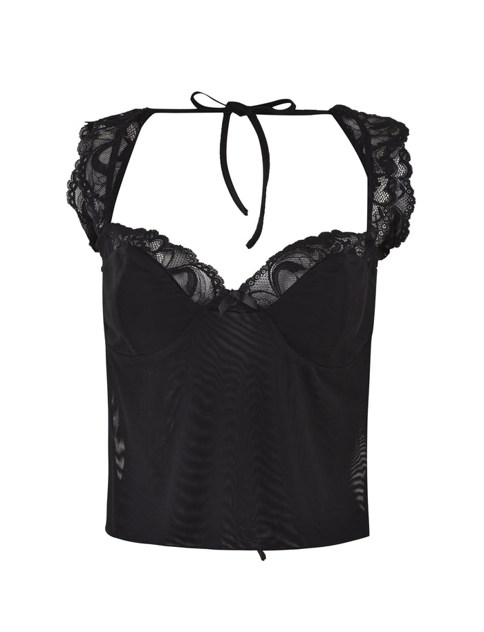 The NYOMI TOP - BLACK from TIGERMIST is a stunning black lace corset-style piece that comes with cap sleeves and a tie at the neck. It showcases intricate floral lace detailing along the neckline and sleeves, complemented by a sheer lace panel and an elegant open back design for added allure.