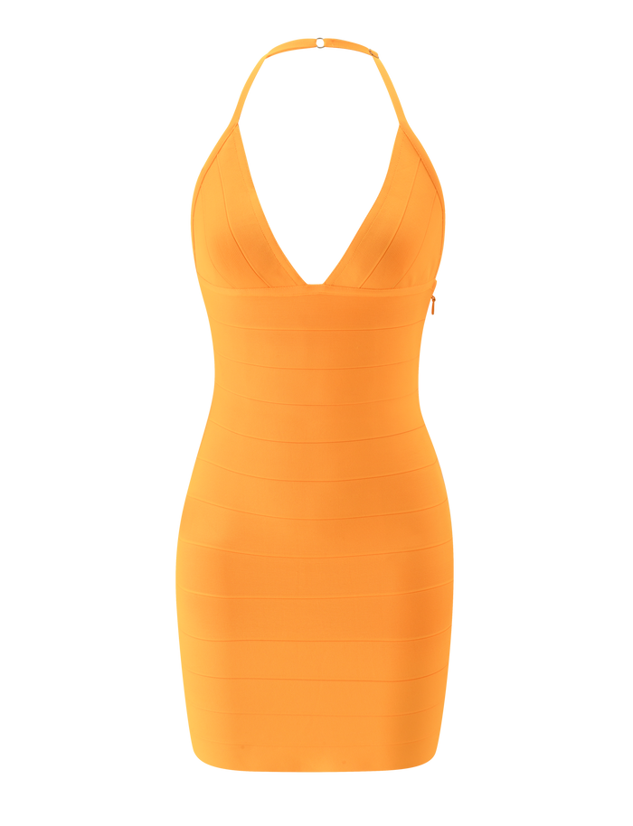 The NYX BANDAGE MINI DRESS in Neon Mango by TIGERMIST is a sleeveless, form-fitting mini dress in a classic bandage style, featuring a deep V-neckline and a halter strap, displayed on a plain white background.