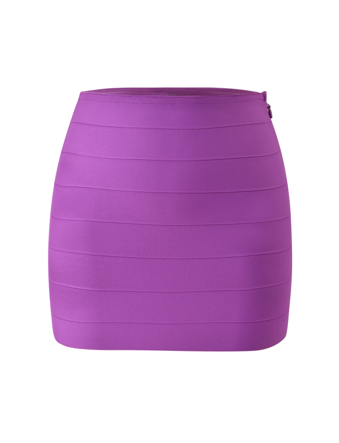 The TIGERMIST NYX Bandage Mini Skirt in Ultra Violet is a body-hugging purple mini skirt with horizontal panel details, shown against a plain white background.