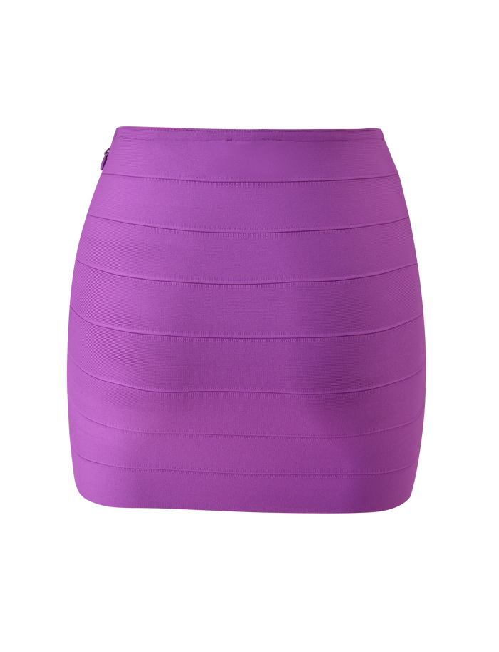 The TIGERMIST NYX BANDAGE MINI SKIRT - ULTRA VIOLET is a bright purple, high-waisted mini skirt with horizontal paneling, designed for a body-hugging fit and shown on a plain white background.