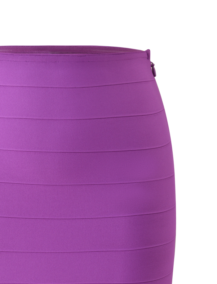 Close-up of the TIGERMIST NYX BANDAGE MINI SKIRT in Ultra Violet, featuring horizontal panel detailing and a body-hugging fit, shown against a plain white background.