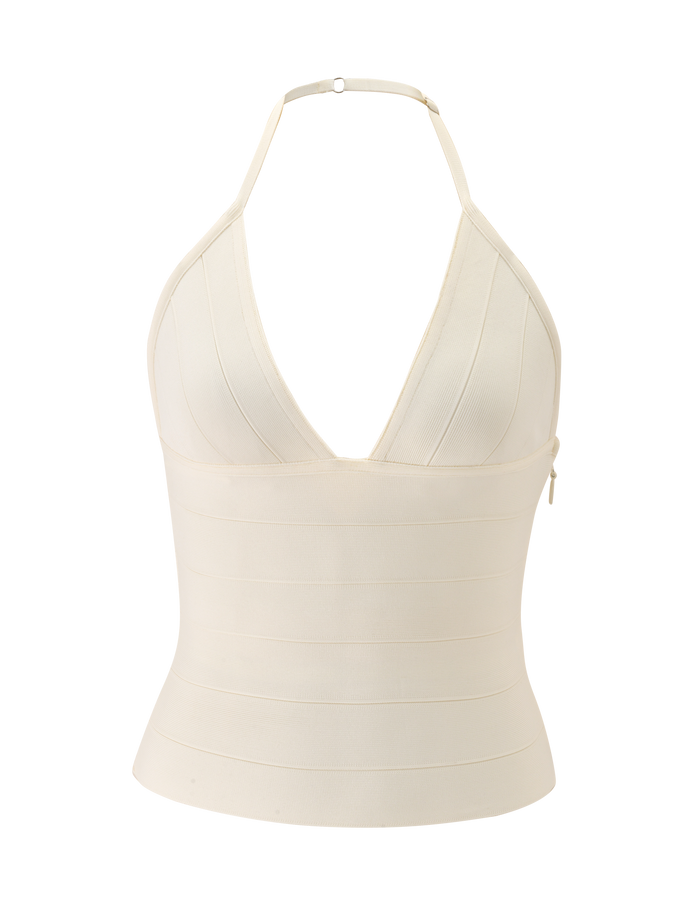 The NYX BANDAGE TOP by TIGERMIST is a cream, sleeveless halter neck with a deep V-neckline, sculpted fit, and structured banded fabric, shown on a plain white background.
