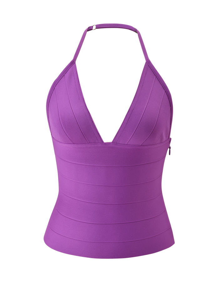 The TIGERMIST NYX BANDAGE TOP in Ultra Violet is a sleeveless, fitted halter neck style featuring a deep V-neckline and horizontal panel details, shown against a plain white background.