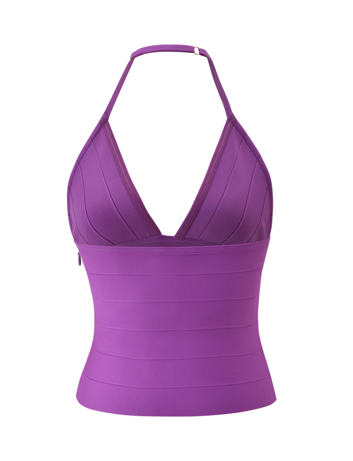 The TIGERMIST NYX BANDAGE TOP - ULTRA VIOLET is a sleeveless, fitted purple halter neck piece with a deep V-neckline and paneled details, shown against a plain white background.