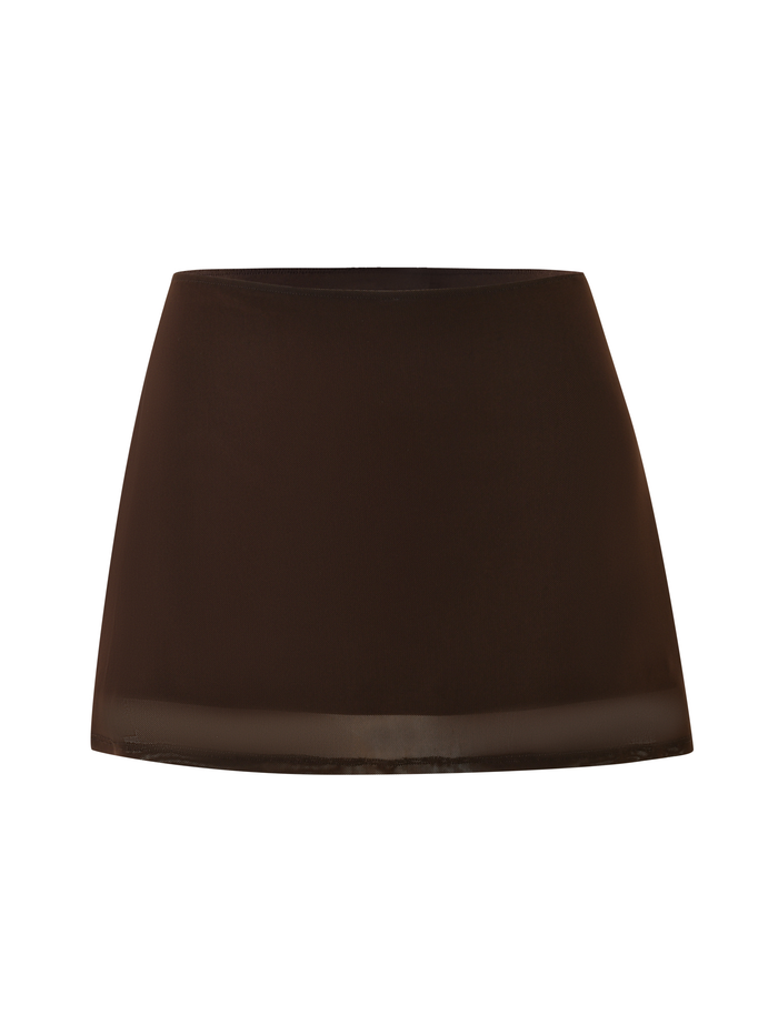 The TIGERMIST OCTAVIA MINI SKIRT - BROWN : CHOCOLATE is a high-waisted, chocolate brown mesh mini skirt with a smooth, stretchy fabric and A-line silhouette, shown on a white background.