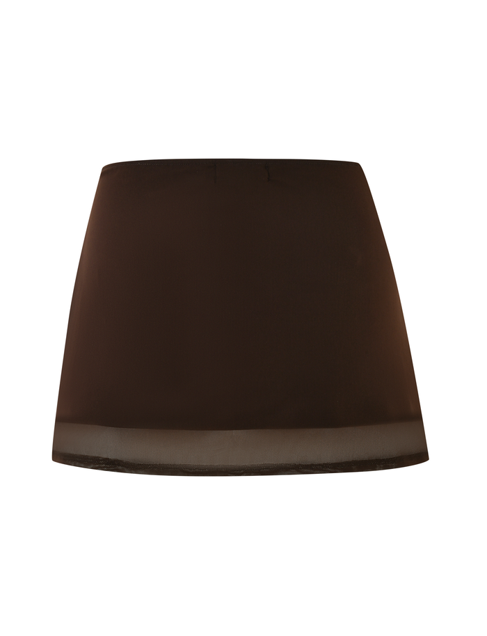 The TIGERMIST OCTAVIA MINI SKIRT - BROWN : CHOCOLATE features a straight cut and a sheer mesh hem, shown against a white background.