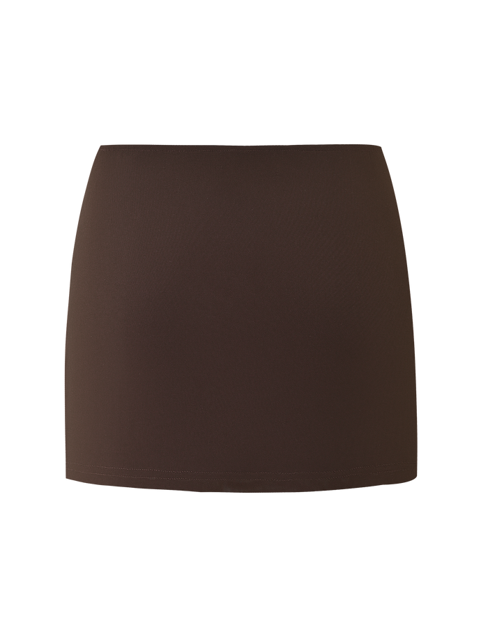 The OCTAVIA MINI SKIRT - CHOCOLATE SPARKLE by TIGERMIST is a high-waisted, fitted mini skirt in dark brown with a sleek finish, perfect for pairing with statement tops or complementing bold styles like the Octavia Dress. Displayed on a white background.