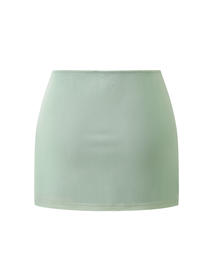 The TIGERMIST OCTAVIA MINI SKIRT in Pistachio is a high-waisted, fitted mini skirt with a simple design and no visible patterns, floral details, or fastenings. It's displayed against a plain white background.