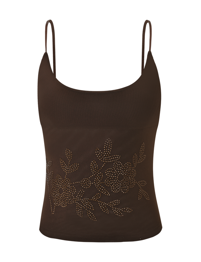 The OCTAVIA TOP - CHOCOLATE by TIGERMIST is a sleeveless crop with thin straps and a striking floral design made of metallic studs on the front.