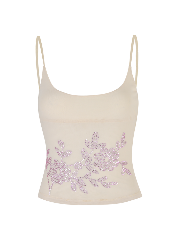 The OCTAVIA TOP - NEUTRAL : CREAM by TIGERMIST is a cream camisole with thin straps and pink floral embroidery on the front.