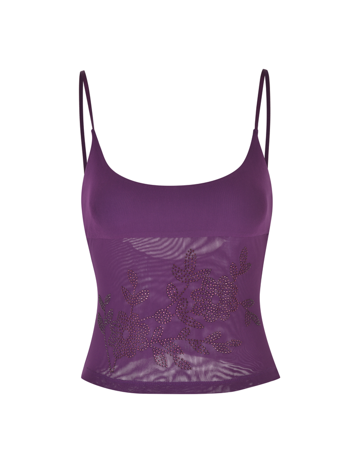 The OCTAVIA TOP - PURPLE by TIGERMIST features adjustable spaghetti straps, a sheer floral-embellished midsection with rhinestone accents, and a fitted design—perfect for any occasion.