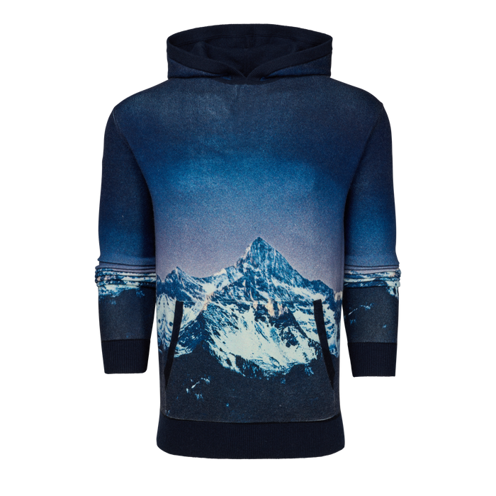 Maltese Blue Off-Piste Sweater Hoodie, mountain-scape print, wool-cashmere blend - Front | Greyson Clothiers