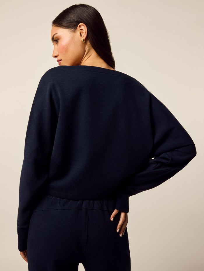Midnight Maltese Ojai Boat Neck Top - Back View, Dolman Sleeve and Clean Knit Back On Model | Greyson Clothiers