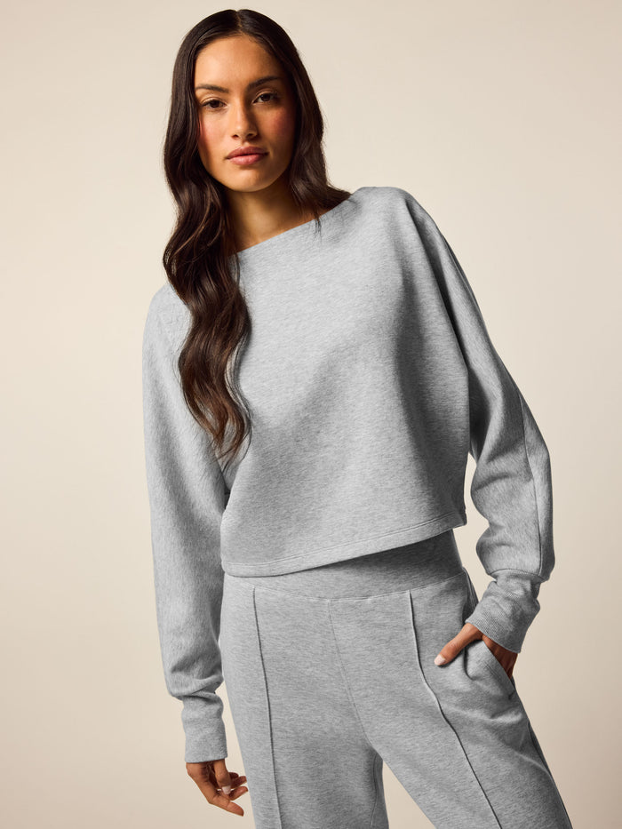 Light Grey Heather Ojai Boat Neck Top - Front View, Cropped Cotton-Blend Knit Sweatshirt On Model | Greyson Clothiers