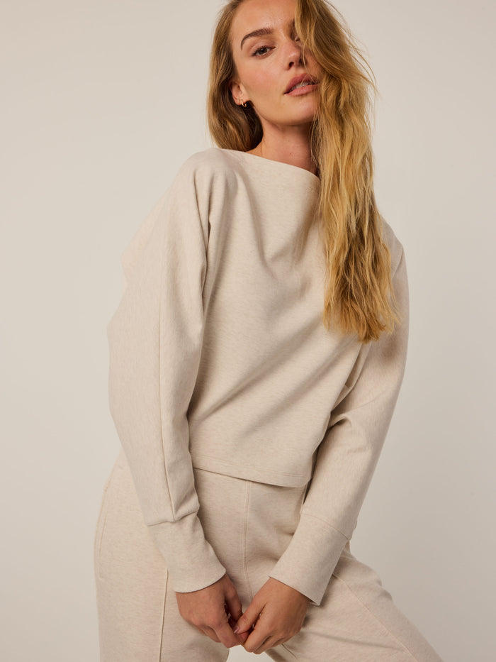 Clay Heather Ojai Boat Neck Top - Three-Quarter Front View, Relaxed Dolman Silhouette On Model | Greyson Clothiers