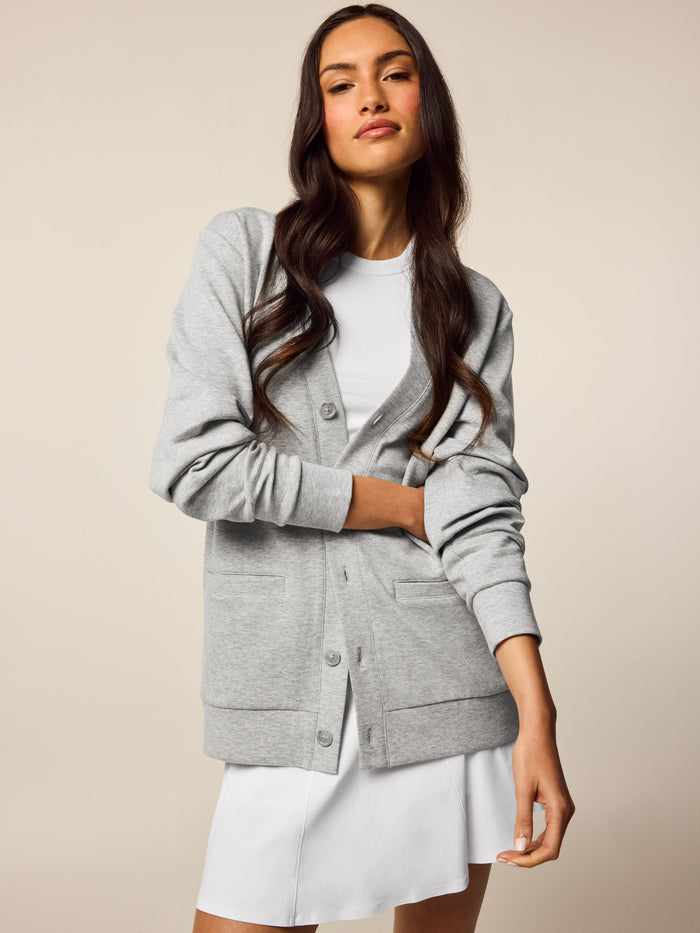 Light Grey Heather Ojai Button-Down Cardigan Sweatshirt - Front Three-Quarter View | Greyson Clothiers