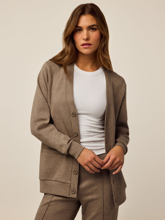 Clay Heather Ojai Button-Down Cardigan Sweatshirt - Front View, Styled with Matching Set | Greyson Clothiers