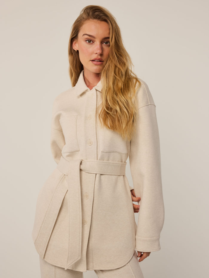 Shepherd Ojai Belted Button-Down Shacket, Classic Collar and Patch Pockets, Three-Quarter View On Model | Greyson Clothiers