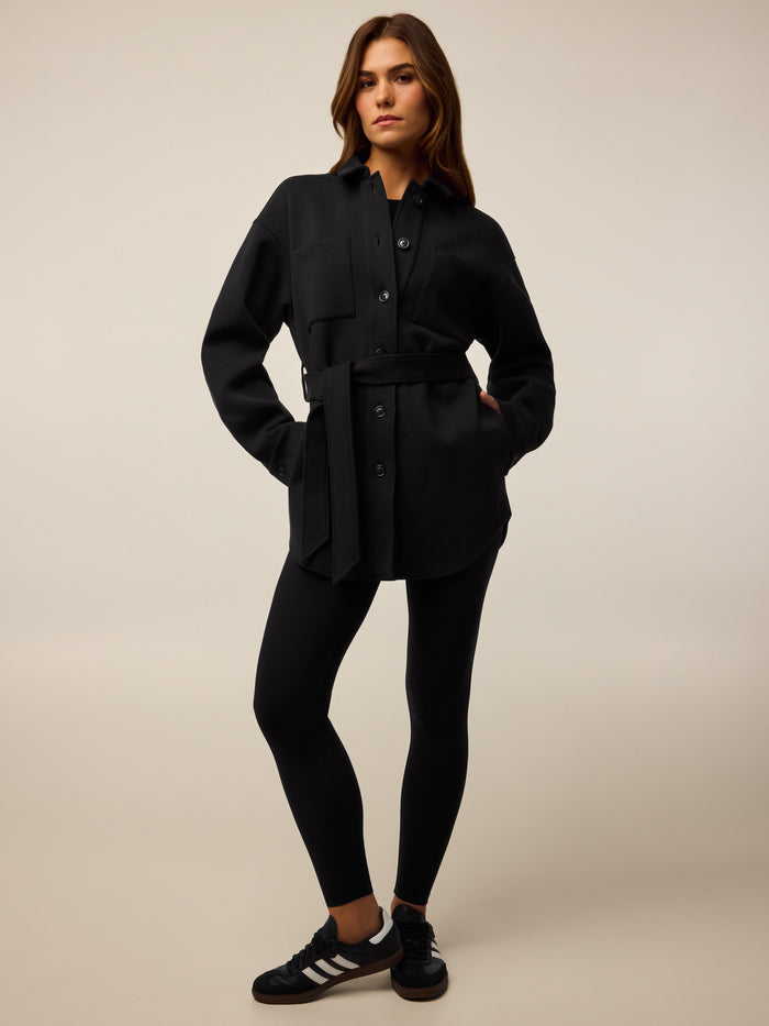 Midnight Maltese Ojai Button-Down Shacket with Belt, Full-Length Styled Look with Leggings On Model | Greyson Clothiers