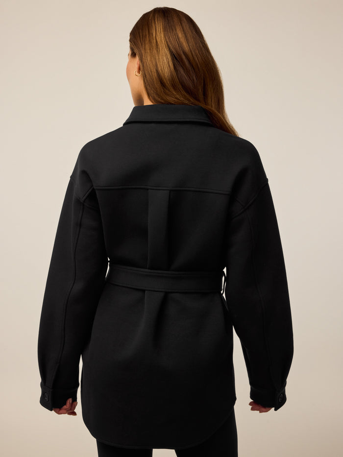 Midnight Maltese Ojai Button-Down Shacket with Belt, Back Yoke Detail, Back View On Model | Greyson Clothiers