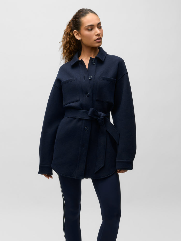 Midnight Maltese Ojai Belted Button-Down Shacket, Women's Layering Piece, Three-Quarter View On Model | Greyson Clothiers