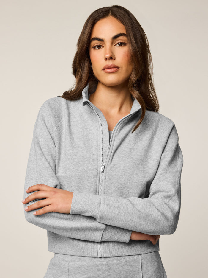 Light Grey Heather Greyson Clothiers Ojai Full-Zip - Front View, Arms Crossed | Greyson Clothiers