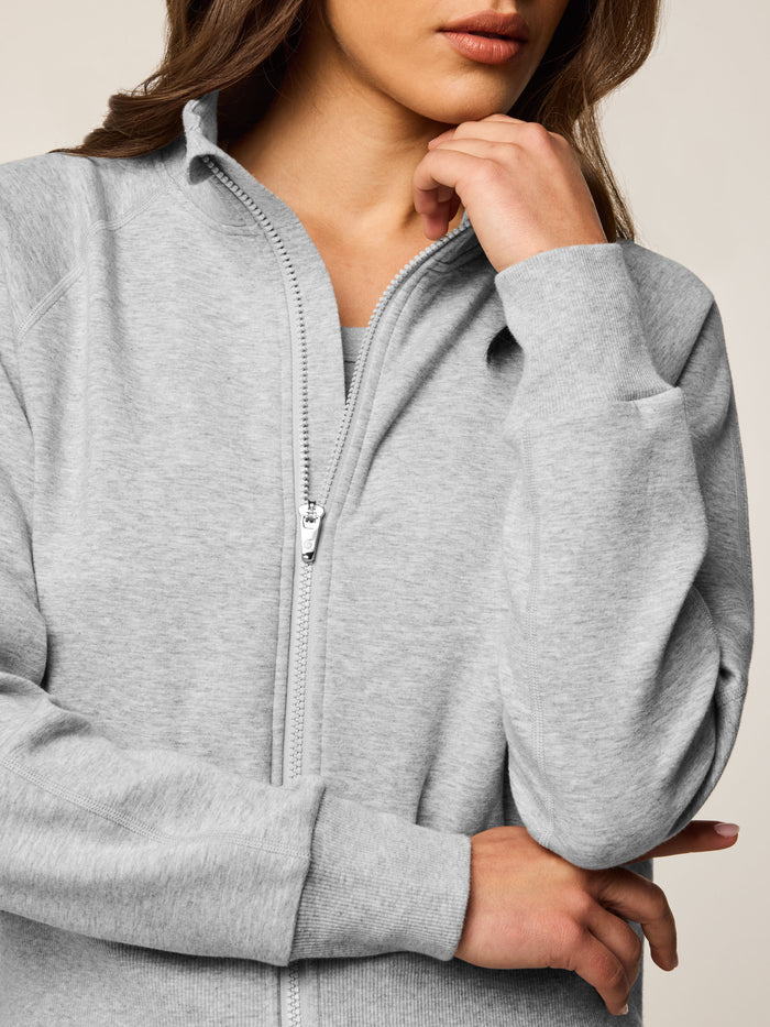 Light Grey Heather Ojai Full-Zip - Zipper & Ribbed Cuff Close-Up, Women's Luxury Zip-Up | Greyson Clothiers