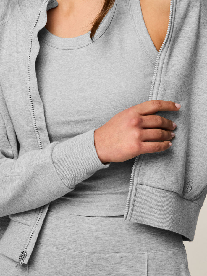 Light Grey Heather Ojai Full-Zip - Greyson Logo & Hem Detail, Open Zip Styled View | Greyson Clothiers