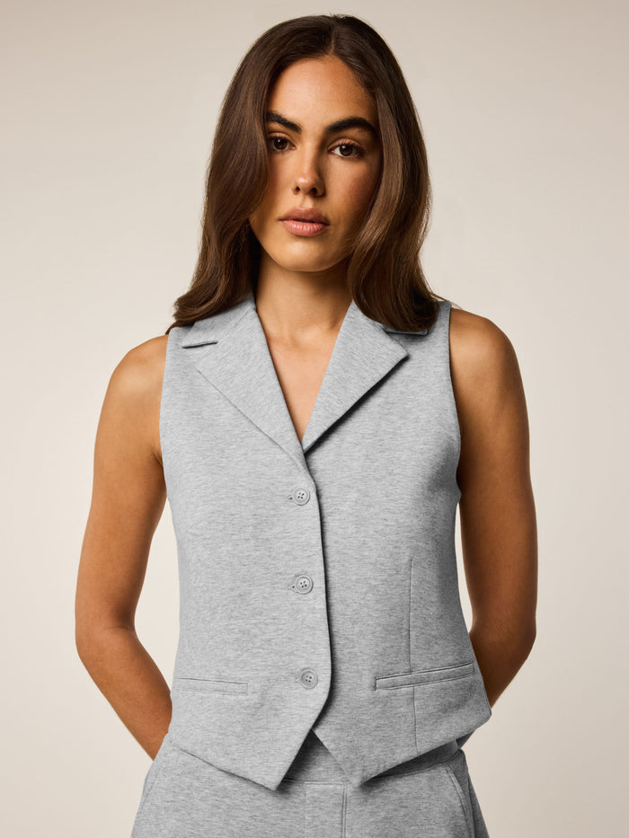 Light Grey Heather Ojai Lapel Vest - Front View, Tailored Lapel & Three-Button Placket | Greyson Clothiers