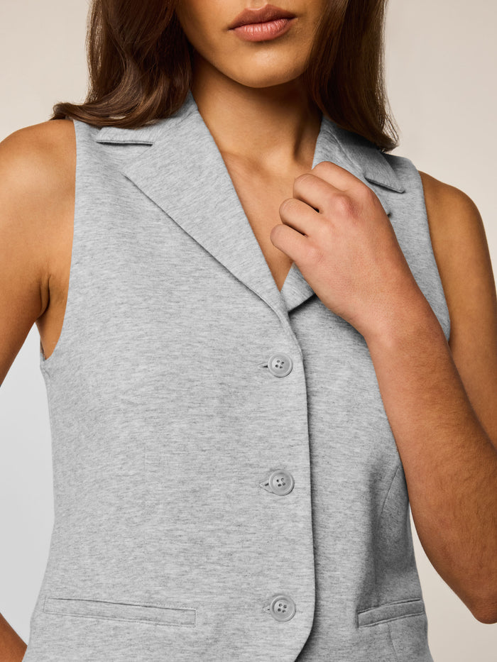 Light Grey Heather Ojai Lapel Vest - Close-Up, Notch Lapel, Button Placket & Welt Pocket | Greyson Clothiers