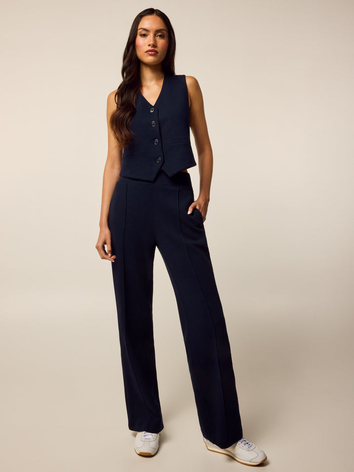 Midnight Maltese Ojai Luxe Pant - Full Length Front View, Wide Leg Silhouette Styled with Vest | Greyson Clothiers