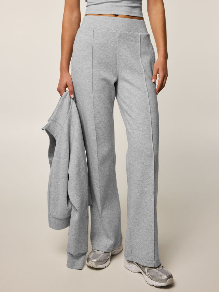 Light Grey Heather Ojai Luxe Pant - Front View, High Waist Wide Leg Stretch Cotton Pant On Model | Greyson Clothiers