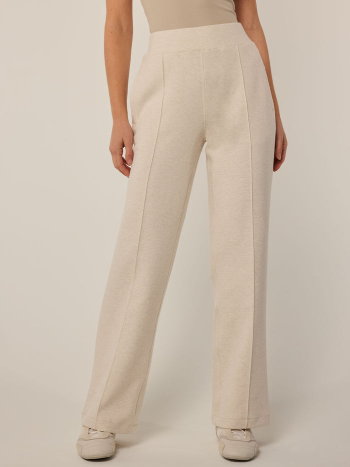 Dove Heather Ojai Luxe Pant - Front View, High Waist Wide Leg Pin-Tucked Seam On Model | Greyson Clothiers
