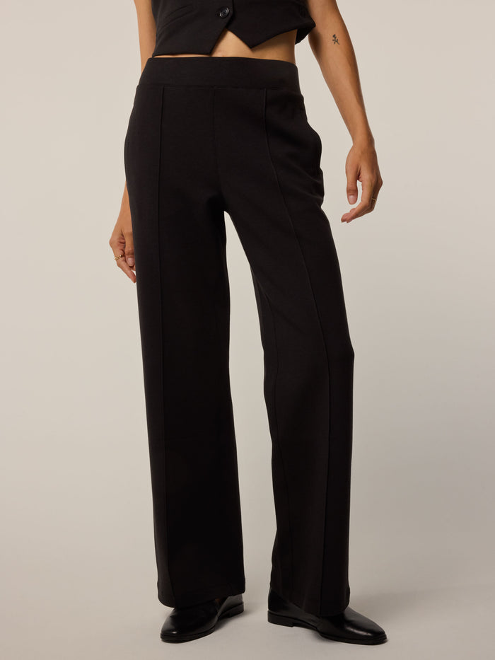Shepherd Ojai Luxe Pant - Side Front View, Wide Leg Luxe Pant with Pin-Tucked Seams On Model | Greyson Clothiers