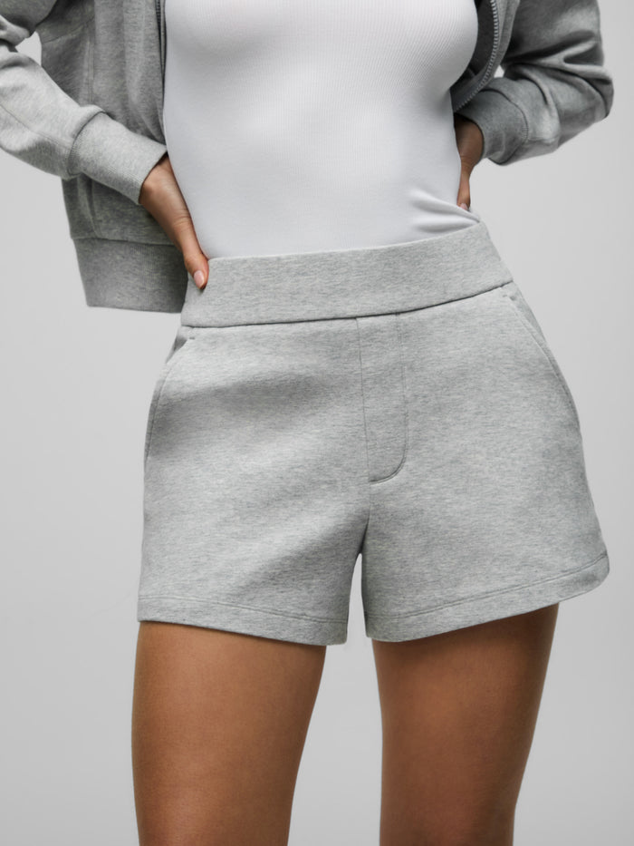 Light Grey Heather Cotton Ojai Trouser Short - Front Close-Up, Mid-Rise Welt Pocket & Waistband Detail | Greyson Clothiers