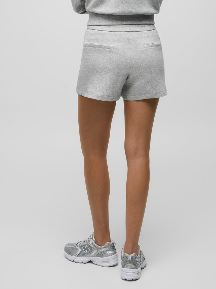 Light Grey Heather Cotton Ojai Trouser Short - Back View On Model, Tailored Fit with Back Welt Pockets | Greyson Clothiers
