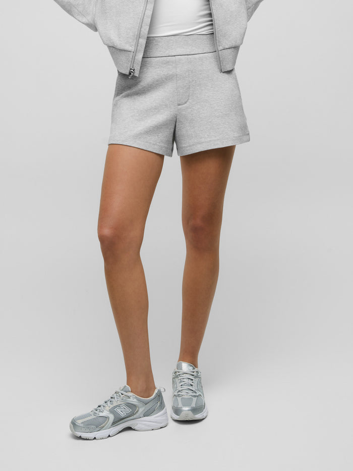 Light Grey Heather Cotton Ojai Trouser Short - Front View On Model, Styled with Full-Zip Fleece Jacket | Greyson Clothiers
