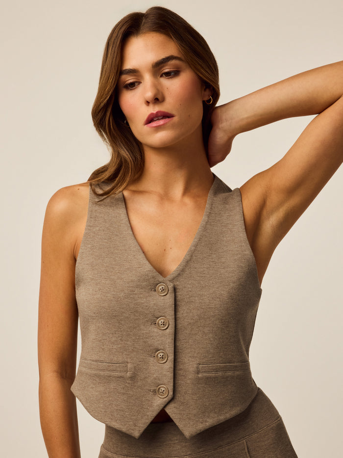 Clay Heather Greyson Clothiers Ojai Vest - Front On-Model Close-Up, Button-Front Women's Vest