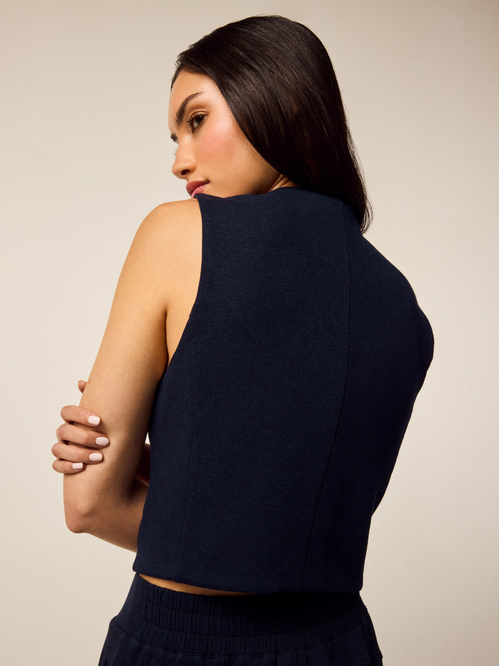 Midnight Maltese Greyson Clothiers Ojai Vest - Back View On Model, Women's Elevated Vest