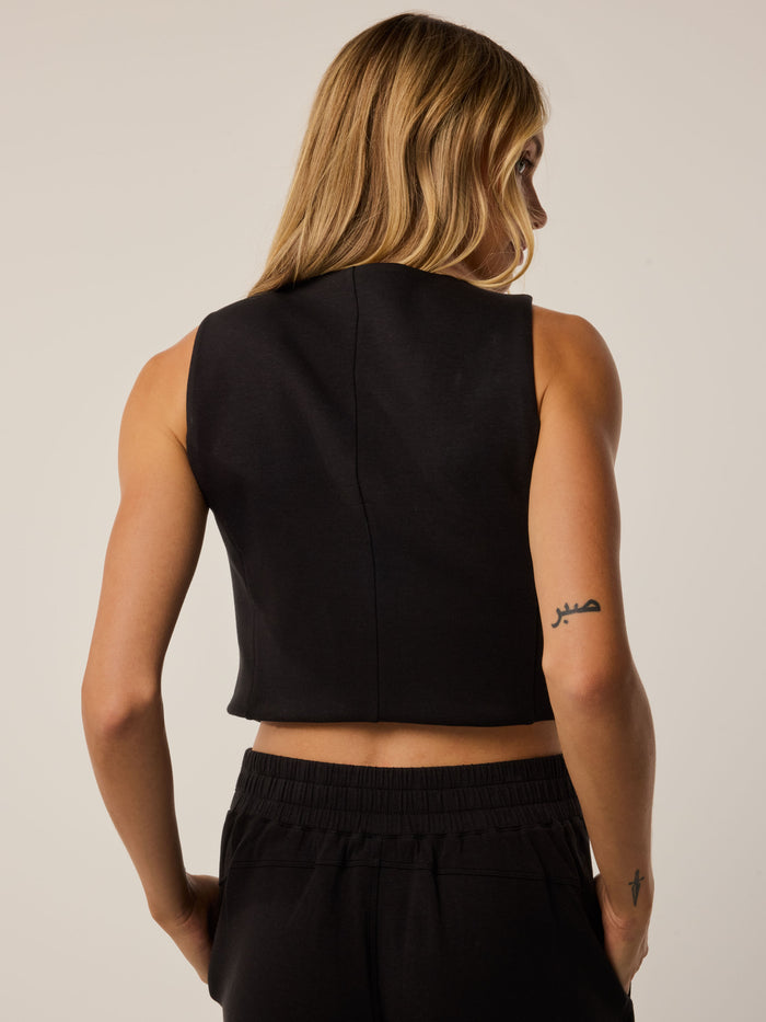 Shepherd Greyson Clothiers Ojai Vest - Back View On Model, Women's Cropped Vest