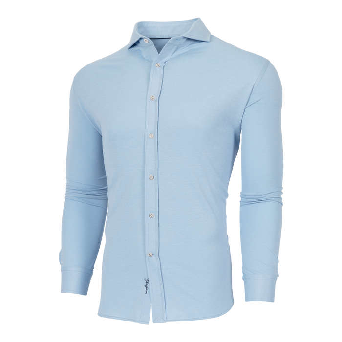 Maltese Blue Pique Cotton Omaha Dress Shirt - Three-Quarter Angle | Greyson Clothiers