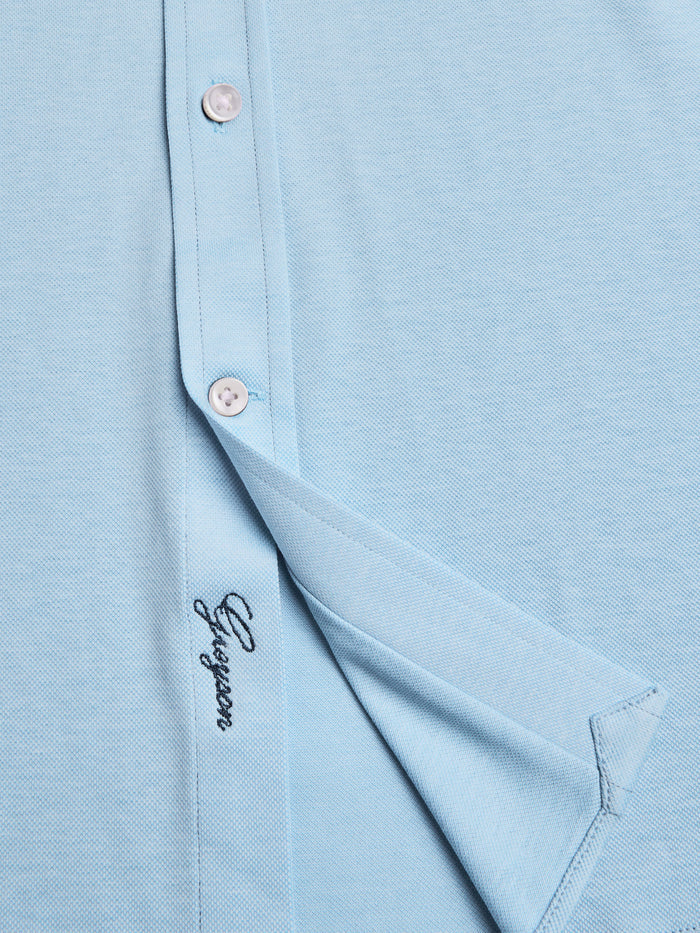 Omaha Pique Dress Shirt Placket & Script Logo Detail - Maltese Blue | Greyson Clothiers