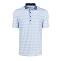 Heron Onota Short Sleeve Polo - Front View, Tonal Wolf Diamond Print, Navy Contrast Cutaway Collar | Greyson Clothiers